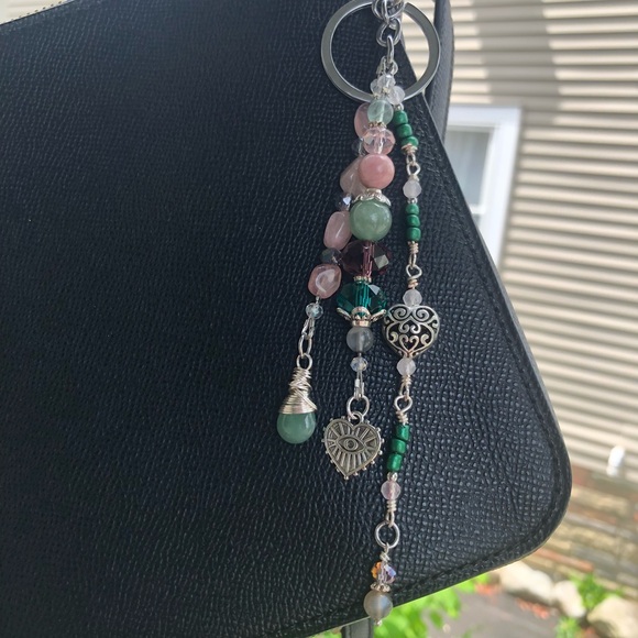 Floral Rose Quartz Aventurine Gemstone Purse Charm Keychain / Car Mirror Charm - Picture 9 of 15